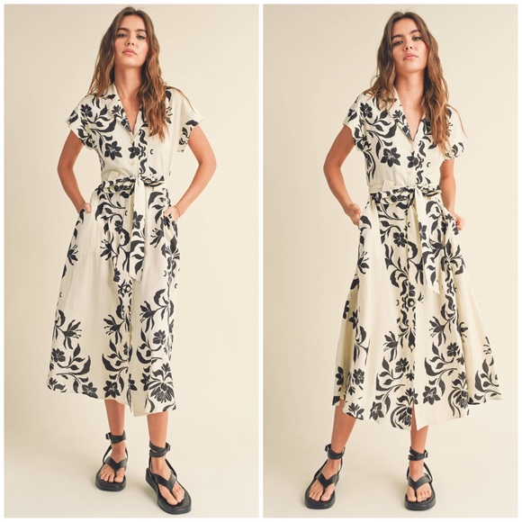 Miou Muse, Tiger Lily Floral Print Button-Down Linen Blend Midi Dress - Picture 2 of 16